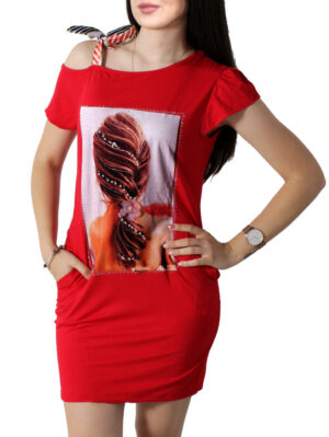 Дамска рокля 1 връзка щампа червено