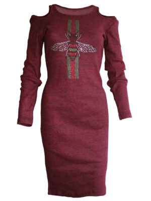 Дамска рокля декорация цветни камъни бордо