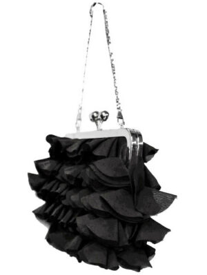 Дамска черна чанта на волани от шифон