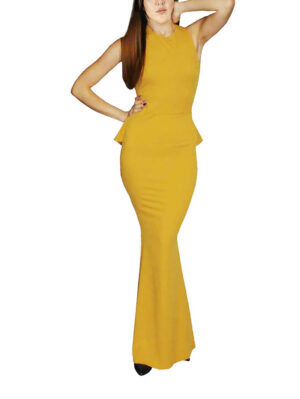 Дамска дълга рокля къдра отзад жълто