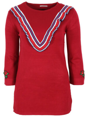 Дамска туника-пуловер с волан червено