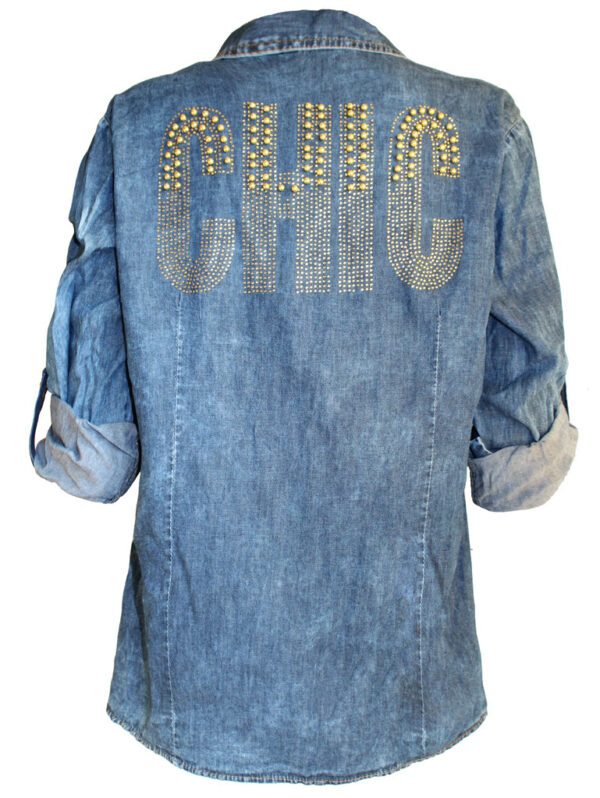 Дамска дънкова риза със златисти мъниста на гърба CHIC