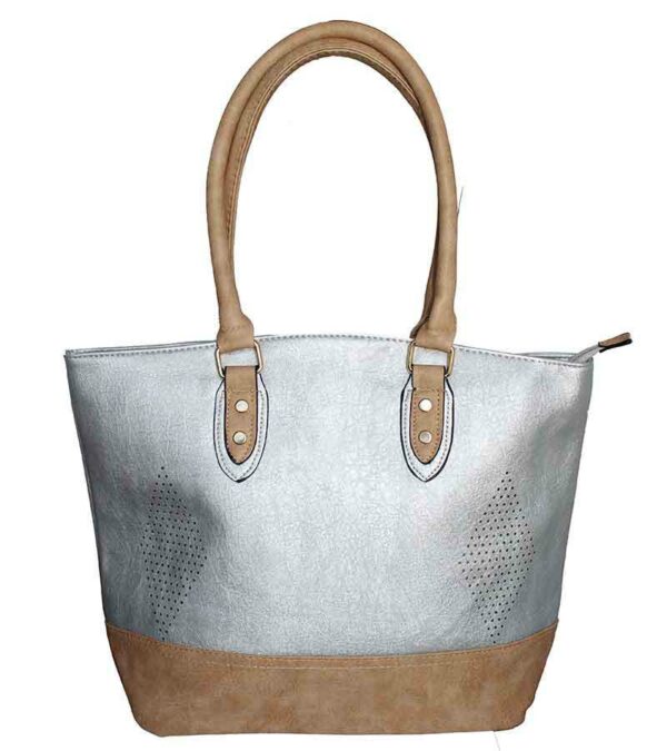 Дамска чанта еко кожа с бежова гарнитура сребърно T4