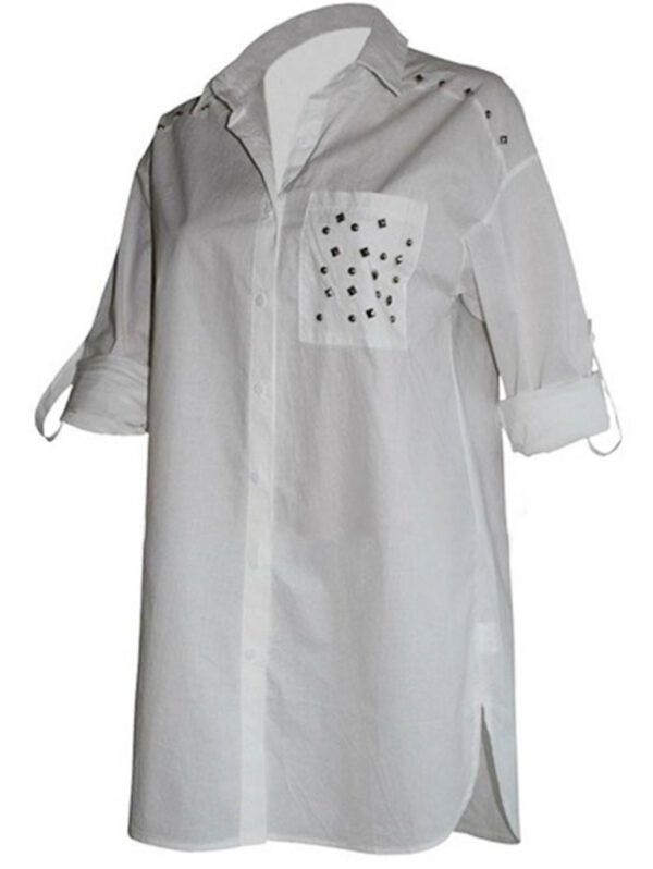 Удължена риза от памучен фин плат тип хасе със сребристи рапиди в бяло
