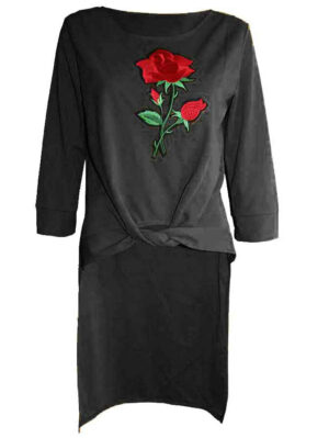 Блуза с апликирана роза и удължение отзад черно