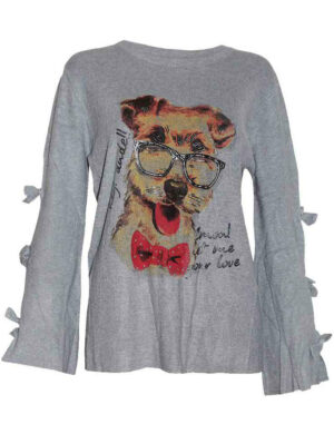 Блуза от финно плетиво с куче сиво С11