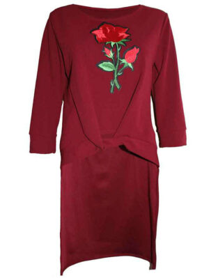 Блуза с апликирана роза и удължение отзад бордо