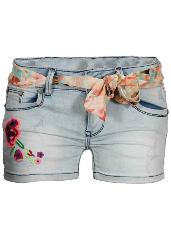 Къси дънкови панталони с бродирано цвете на крачола и шалче