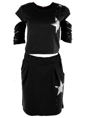 Дамски комплект пола с блуза звезда черно