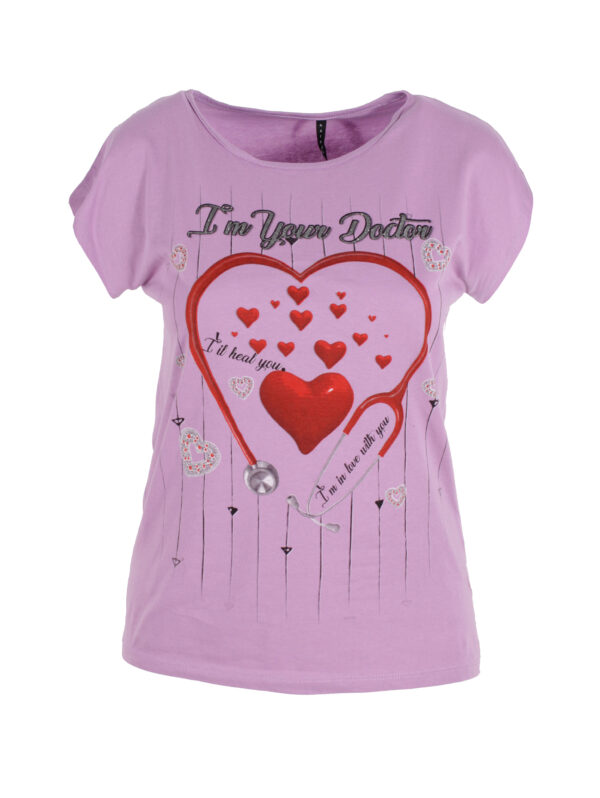 Дамска памучна тениска Катина сърчица лила