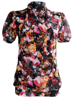 Дамска блуза комбинация трико и шифон с еднакъв принт рози