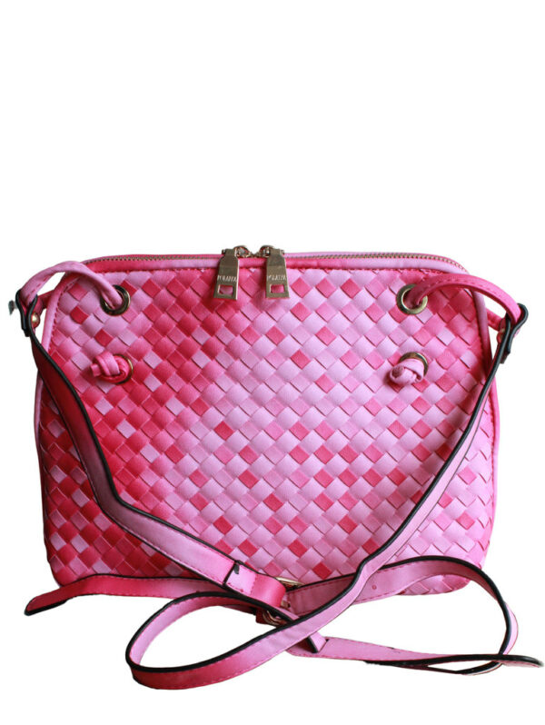 Дамска чанта еко кожа от преплетени двуцветни ленти цикламено