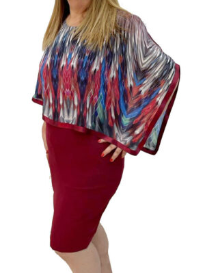 Дамска рокля шифон пончо пера бордо