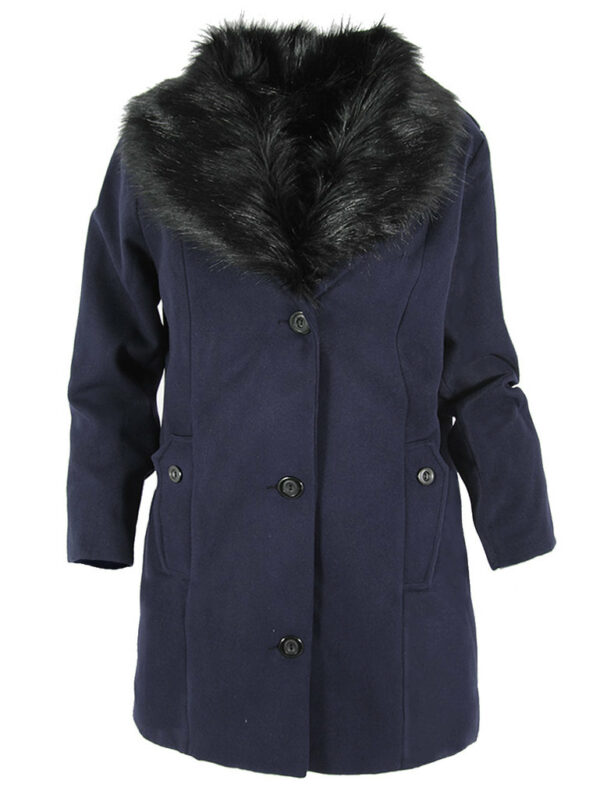 Дамско палто каша с екокожа синьо