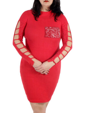 Дамска рокля отворен ръкав камъни червено