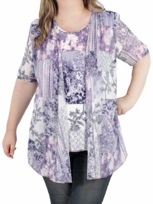 Дамска блуза трико с предници шифон лилаво