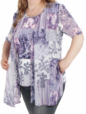 Дамска блуза трико с предници шифон лилаво